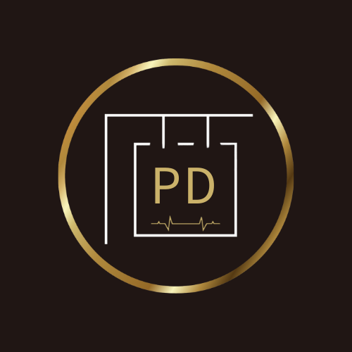 A logo of a gold circle on a black background. Inside the circle is a stylised pub sign with the letters PD and a heartbeat line.