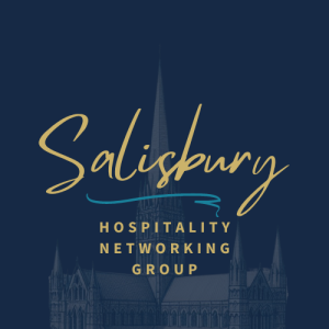 A blue logo with a washed out picture of Salisbury Cathedral and the works Salisbury Hospitality Networking Group