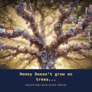 Image of a tree covered in UK Bank Notes - show how pubs are losing money as staff act like it grows on trees.