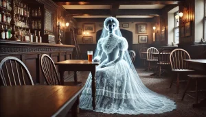 A ghostly figure dressed in a Victorian lace dress enjoying a pint in a haunted pub.