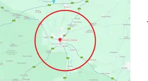 A map of the Salisbury area with a 7 mile radius circle above it in red.