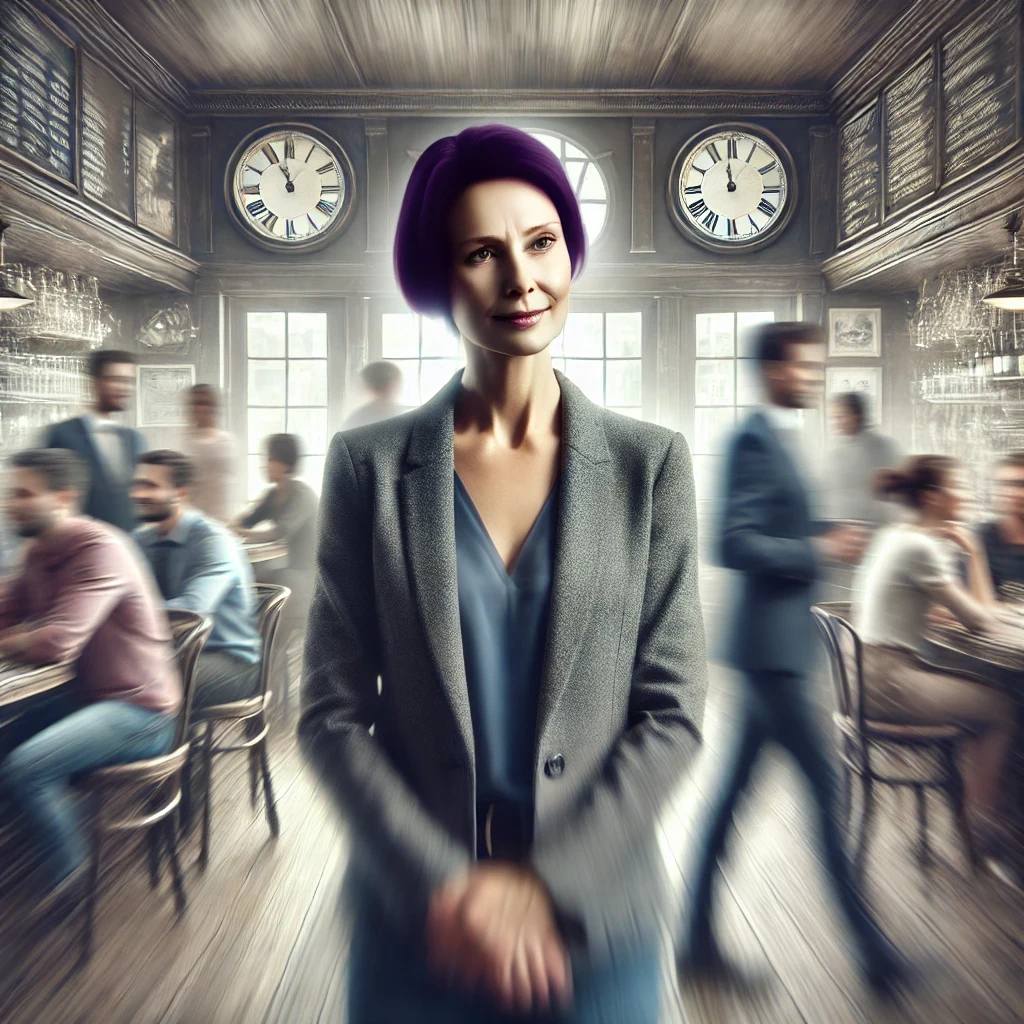 An AI drawn womn with a busy blurred pub int he background emphasising speed - she is a busy fool showing expanding your business is not always the right thing.