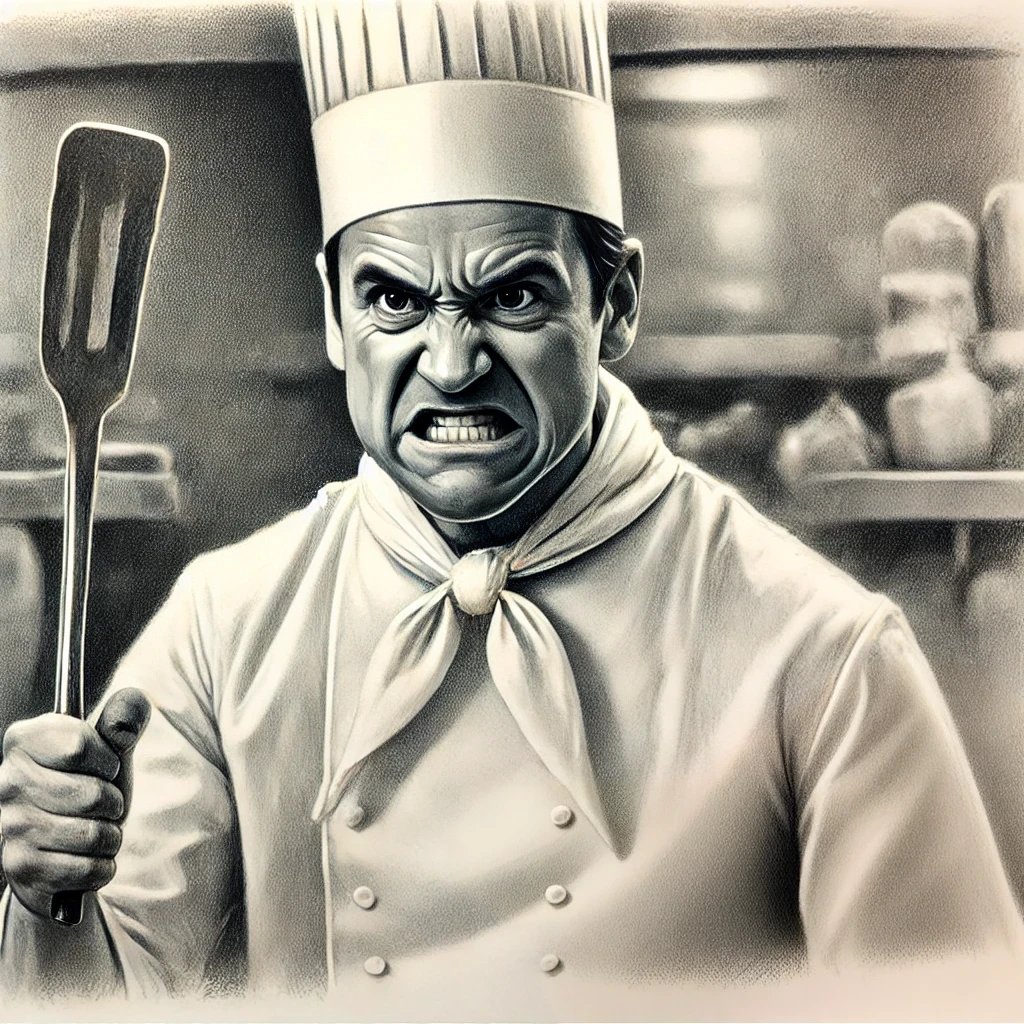 A pencil sketch of an angry chef waving a spatula