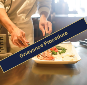 Picture of a chef plating up with a text box stating Grievance Procedure in front.