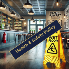 Picture of a yellow Wet Floor warning sign behind a label saying H&S Policy.