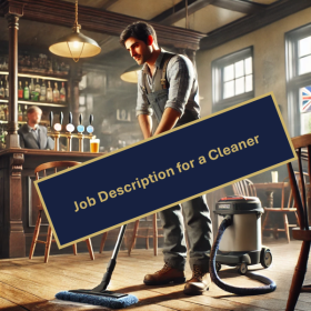 AI generated picture of a male cleaner hoovering a bar area floor.