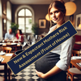 Pregnant waitress carrying a tray of drinks. She is stood behind a label saying New & Expectant Mothers Risk Assessment (Front of House).