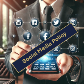 A picture of a man holding a mobile with different social media icons 'floating' above it. It is behind a label which states Social Media Policy.