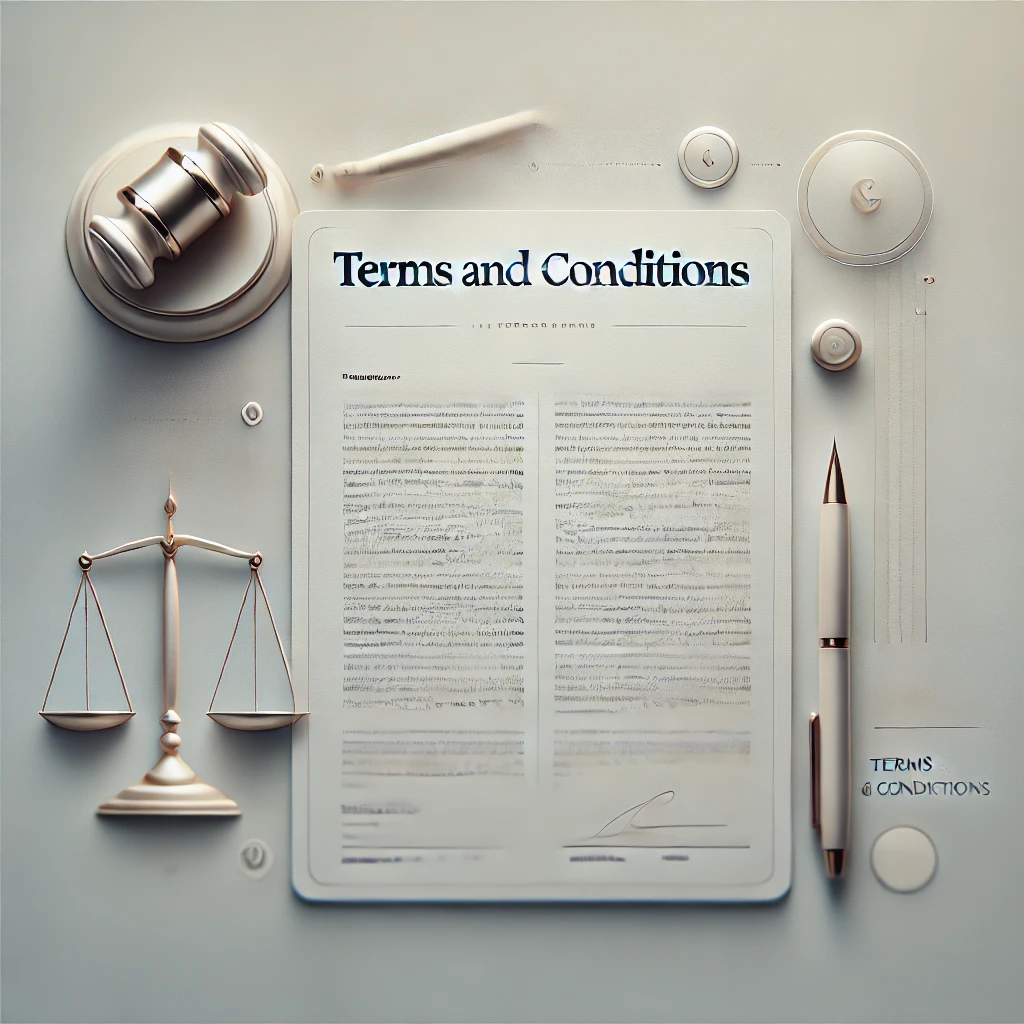 A picture of typed T&Cs with a pen, gavel, scales of justice etc surrounding it.