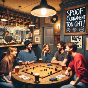 A group of people playing a board game around a pub table.