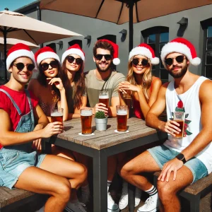 A group enjoying the sun outside a pub, wearing Christmas hats which look out of place.