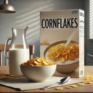 A box of cornflakes, mil and a bowl of cereal