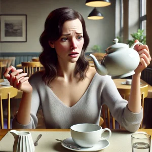 Woman holding a tea pot - looking perplexed.