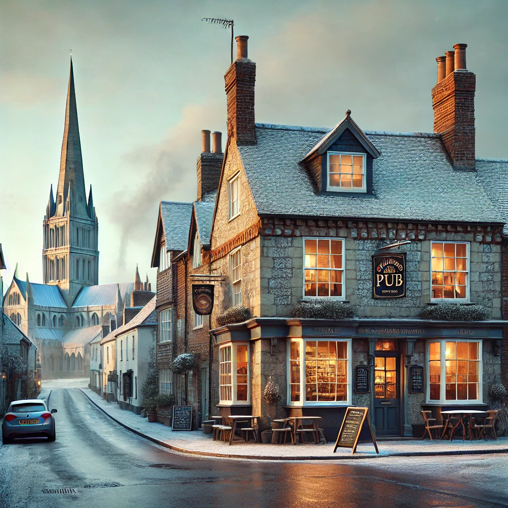 AI generated picture of Salisbury with it's iconic spire. The streets are deserted.