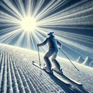 A skier facing into the sun which is also shining hard on the snow.